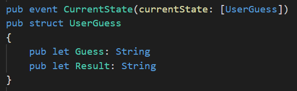 CurrentState event and UserGuess struct contract code